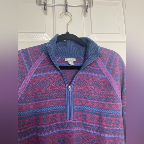 Eddie Bauer fair-isle inspired berry and navy blue quarter zip sweater | M - Picture 4 of 12